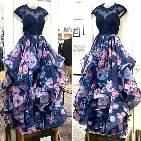 🚫SOLD! NEW! |•MADISON JAMES•| Navy Floral Print Two Piece Formal Prom Dress - Picture 2 of 12